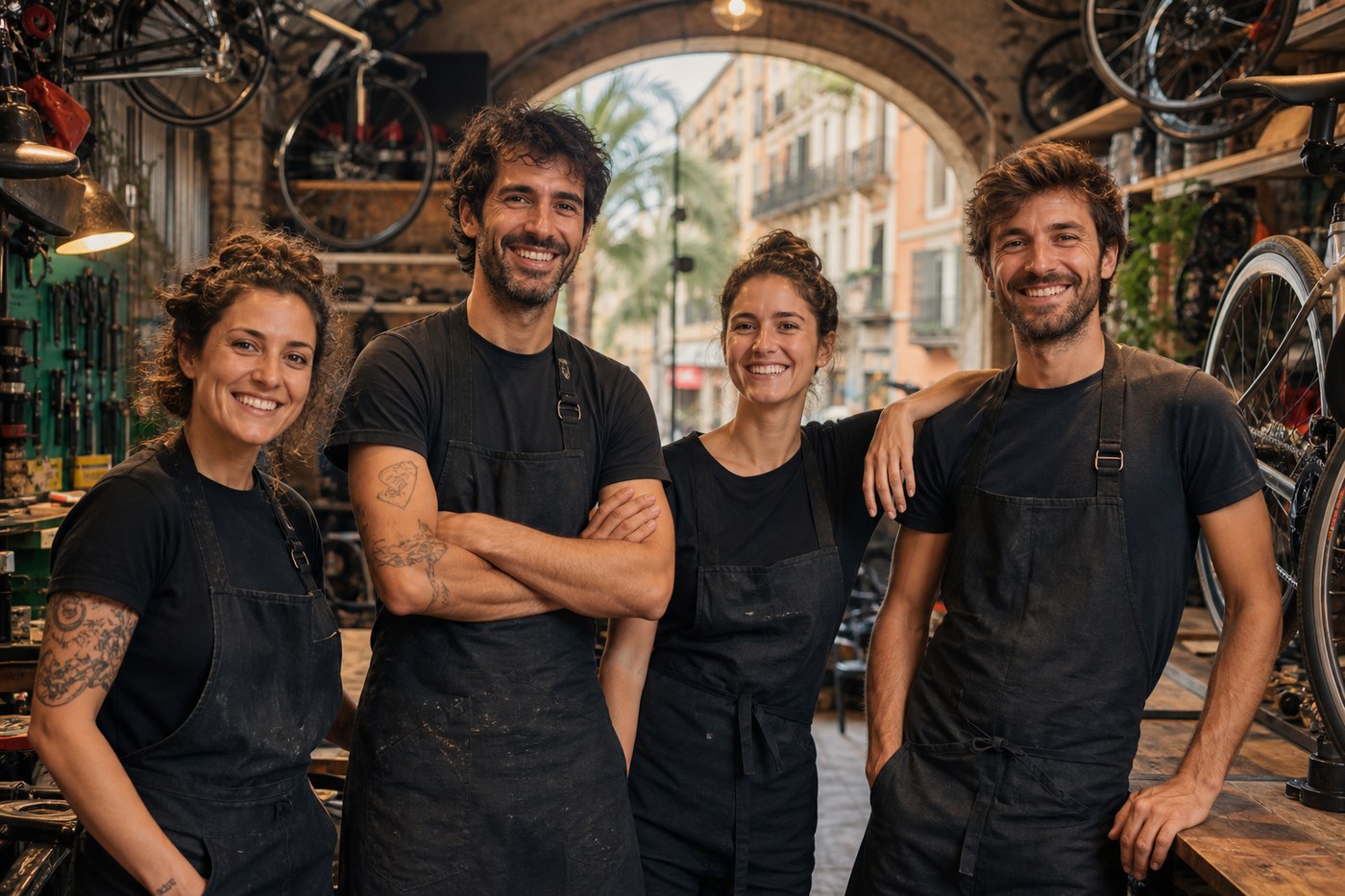 Equipo de Barcelona Bike en el taller